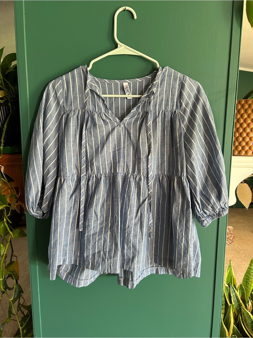 2Hearts Chambray Peplum 3/4 Sleeve Bubble Sleeve Striped Women's Top Blouse